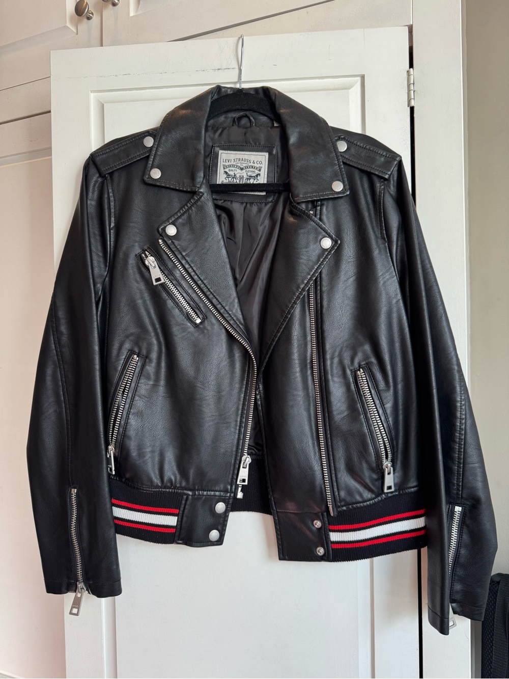 Levi's Black Leather Biker Jacket with Red and White Striped Hem